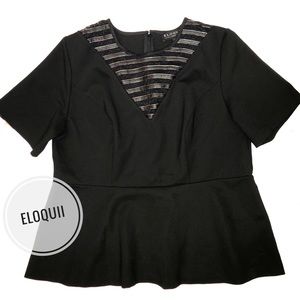 Eloquii Black Peplum Top with Front Lace Detail